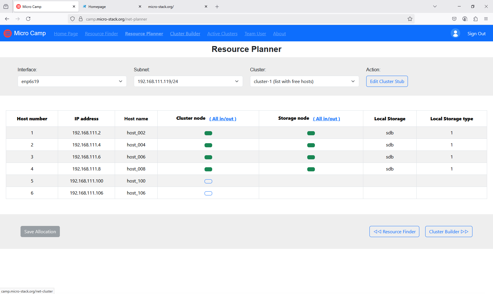 screenshot of resource planner page