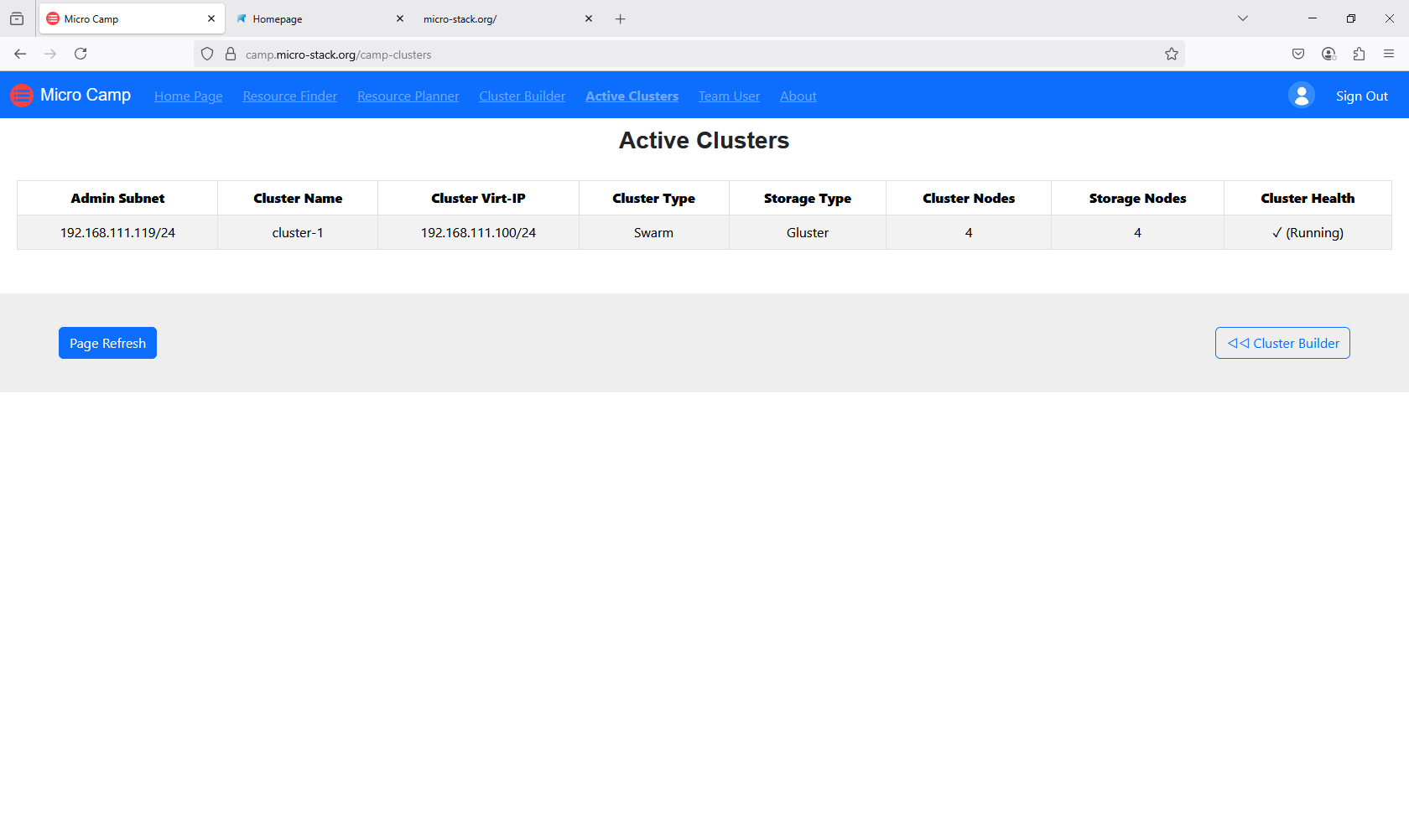 screenshot of active clusters