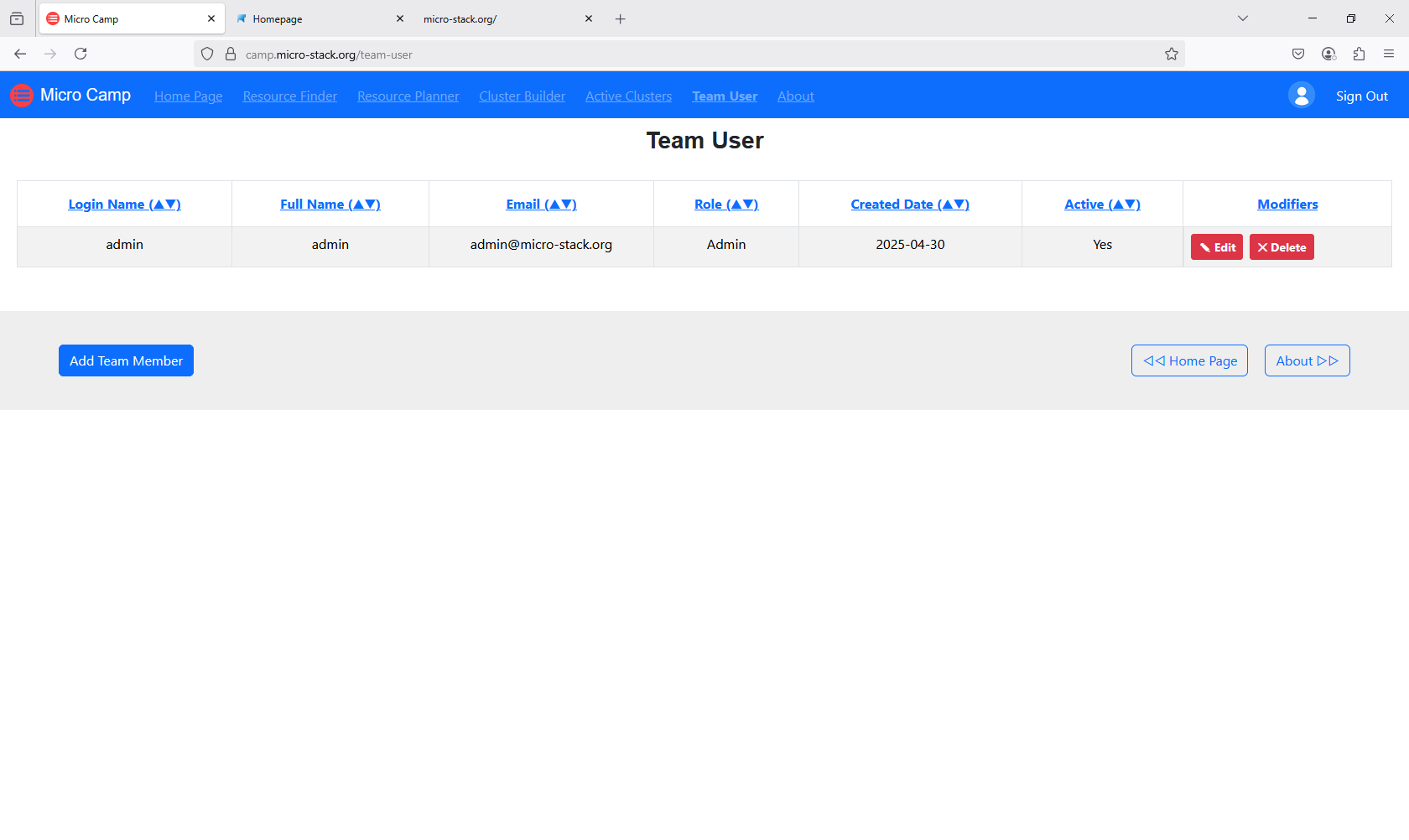 screenshot of team user management page