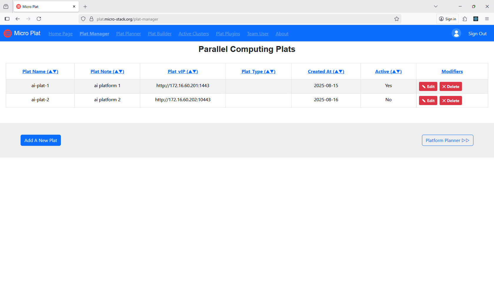 Figure 18: Plat manager page