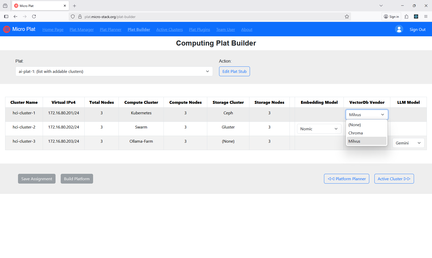 Figure 20: Plat builder page