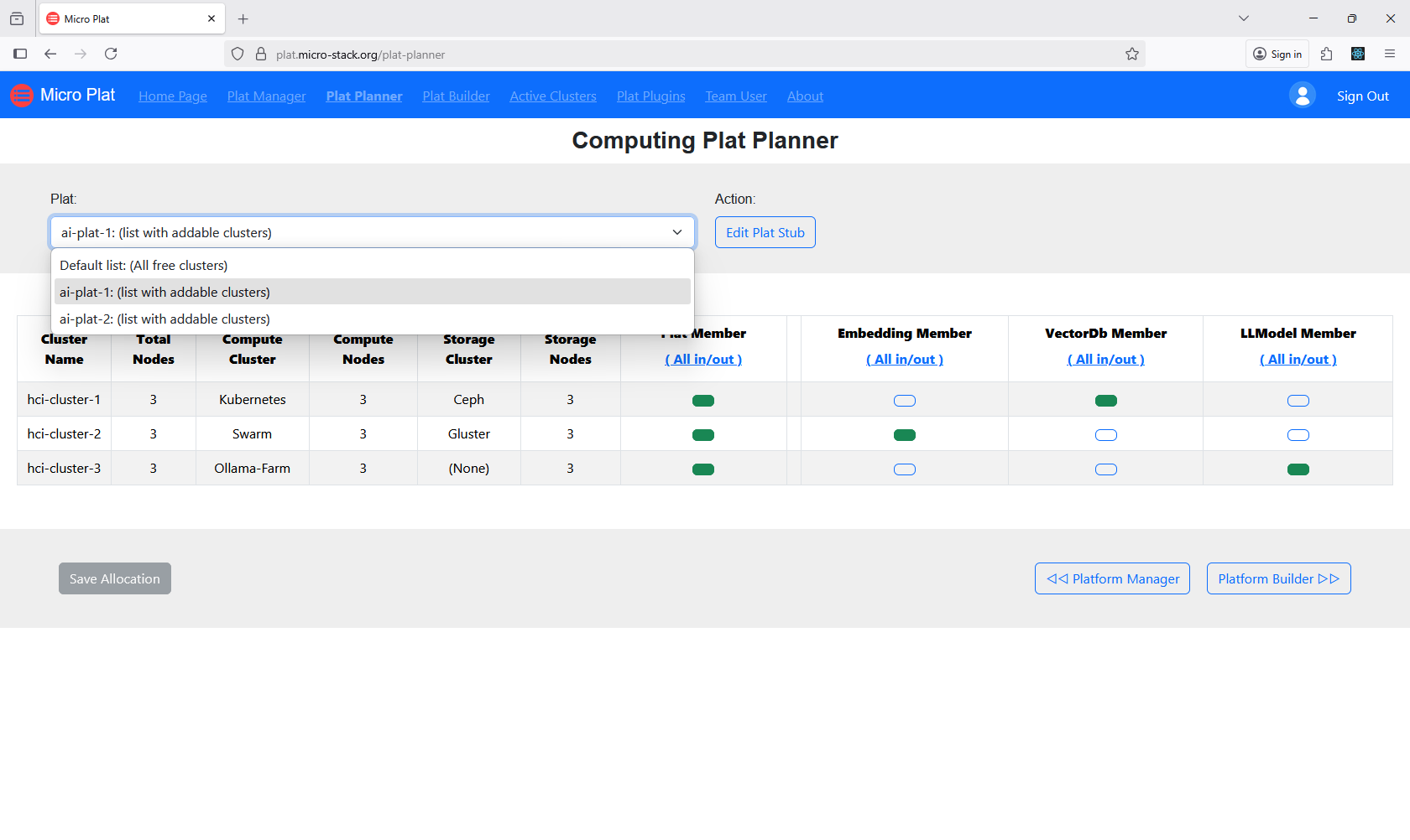 screenshot of plat cluster-resource planner page