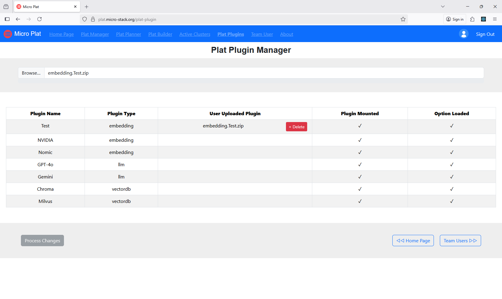 screenshot of plat pugin management page