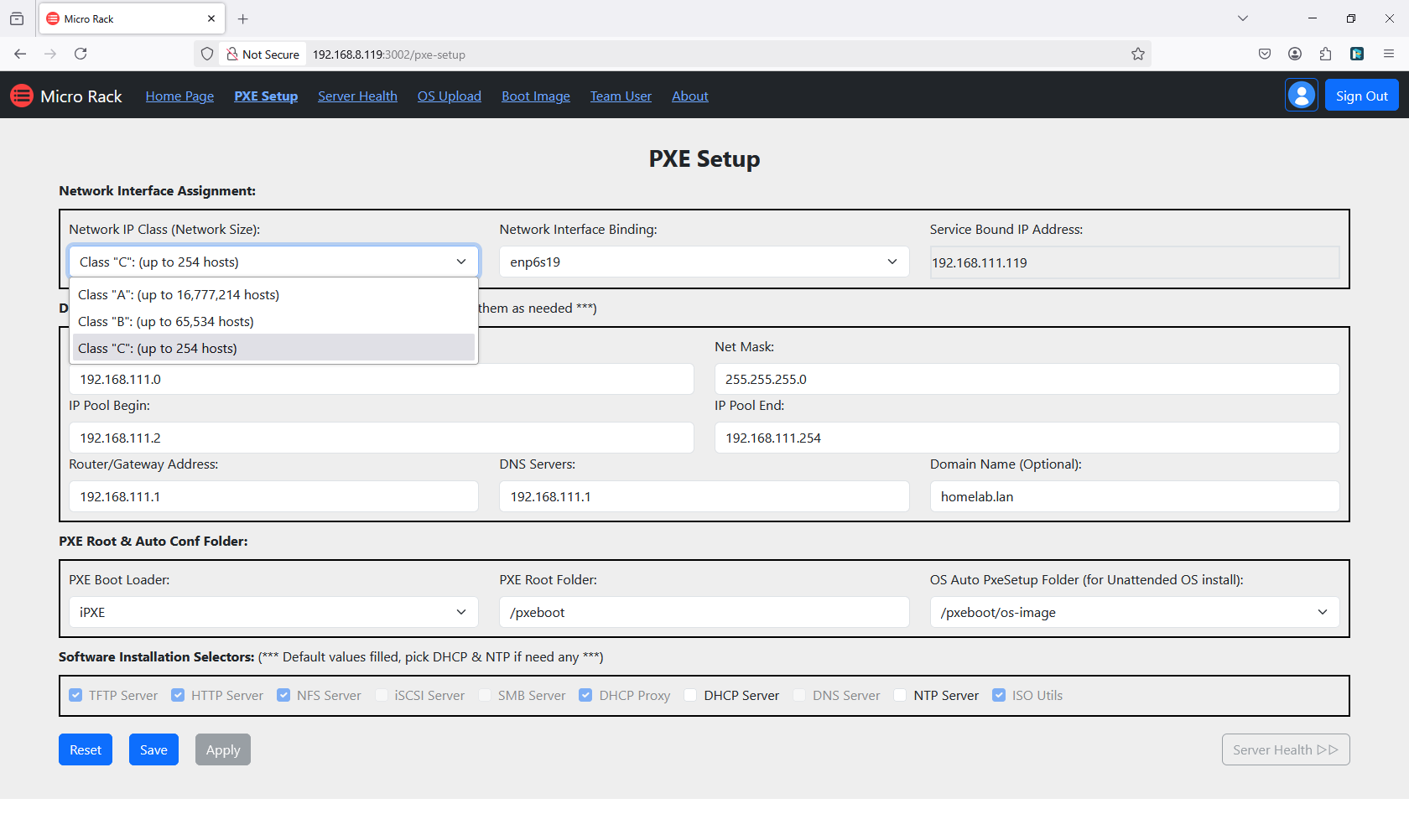 screenshot of setup page