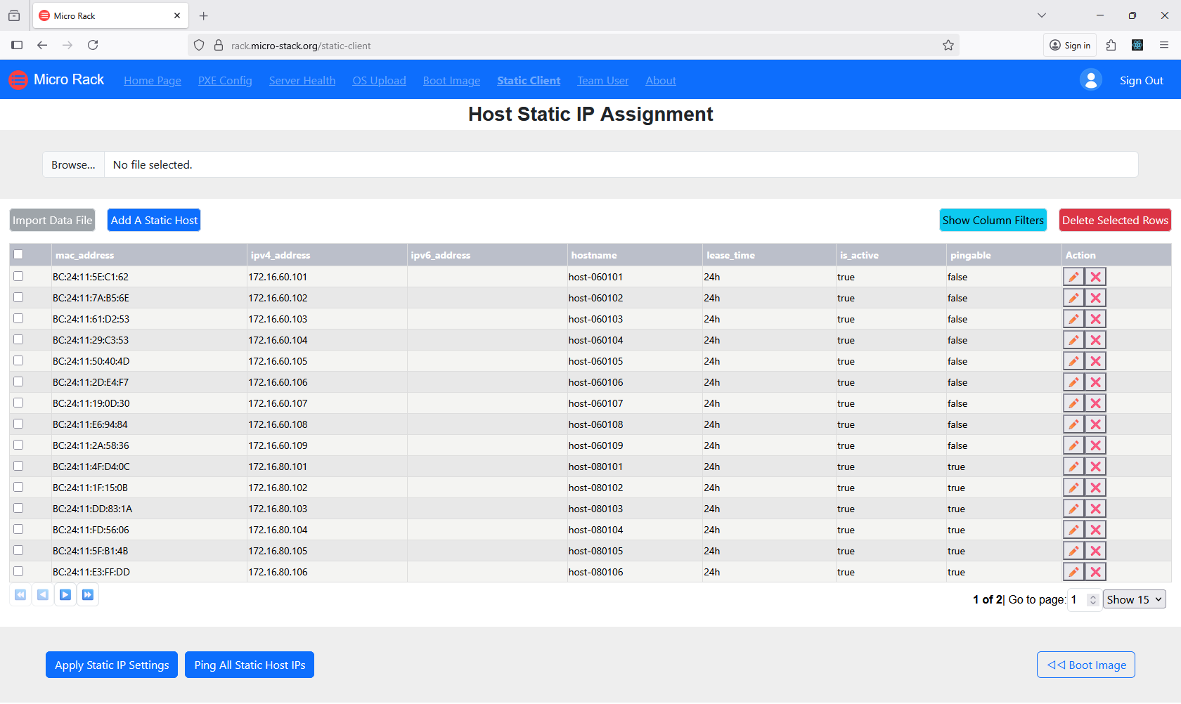 screenshot of client host static ip page