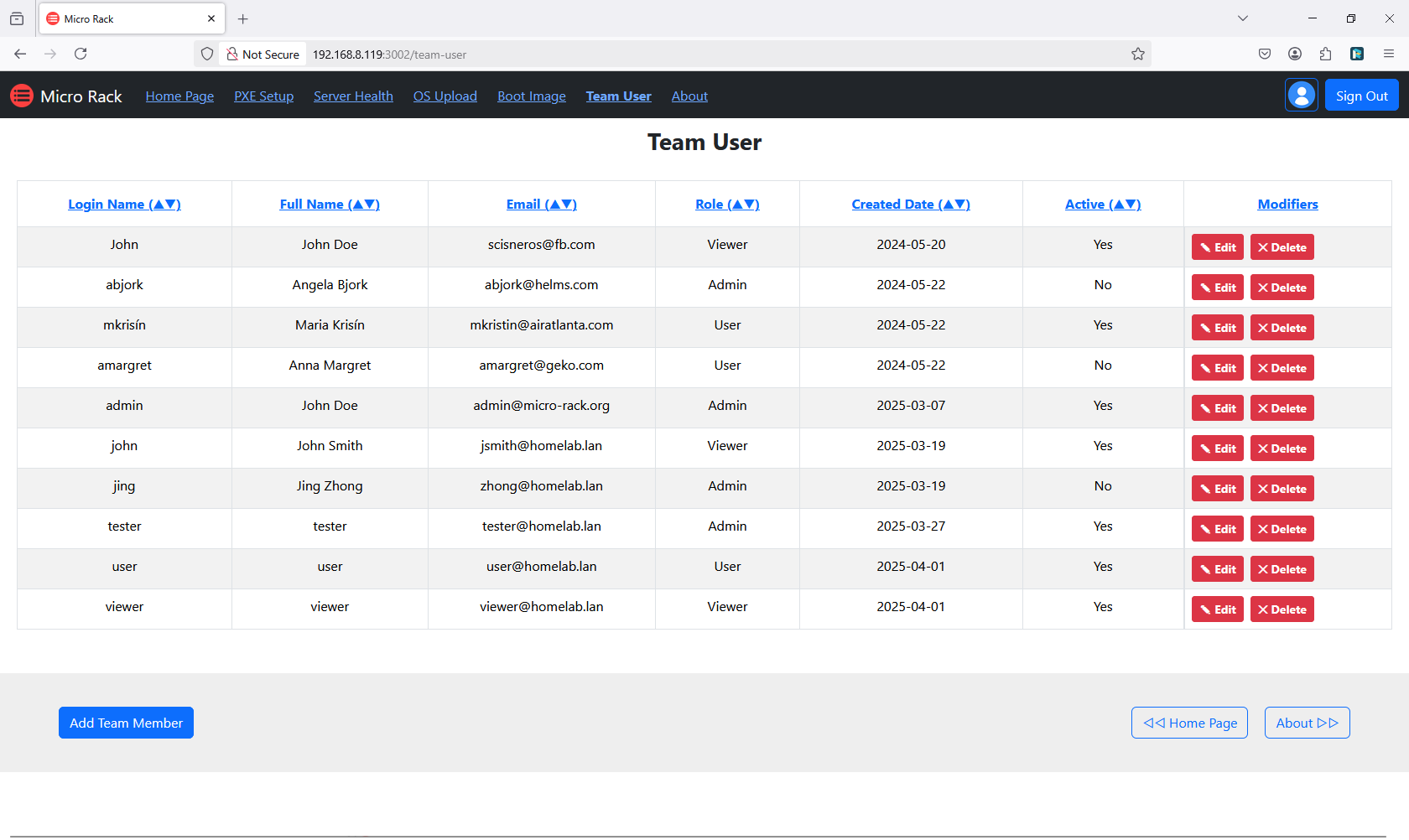 screenshot of team user management page