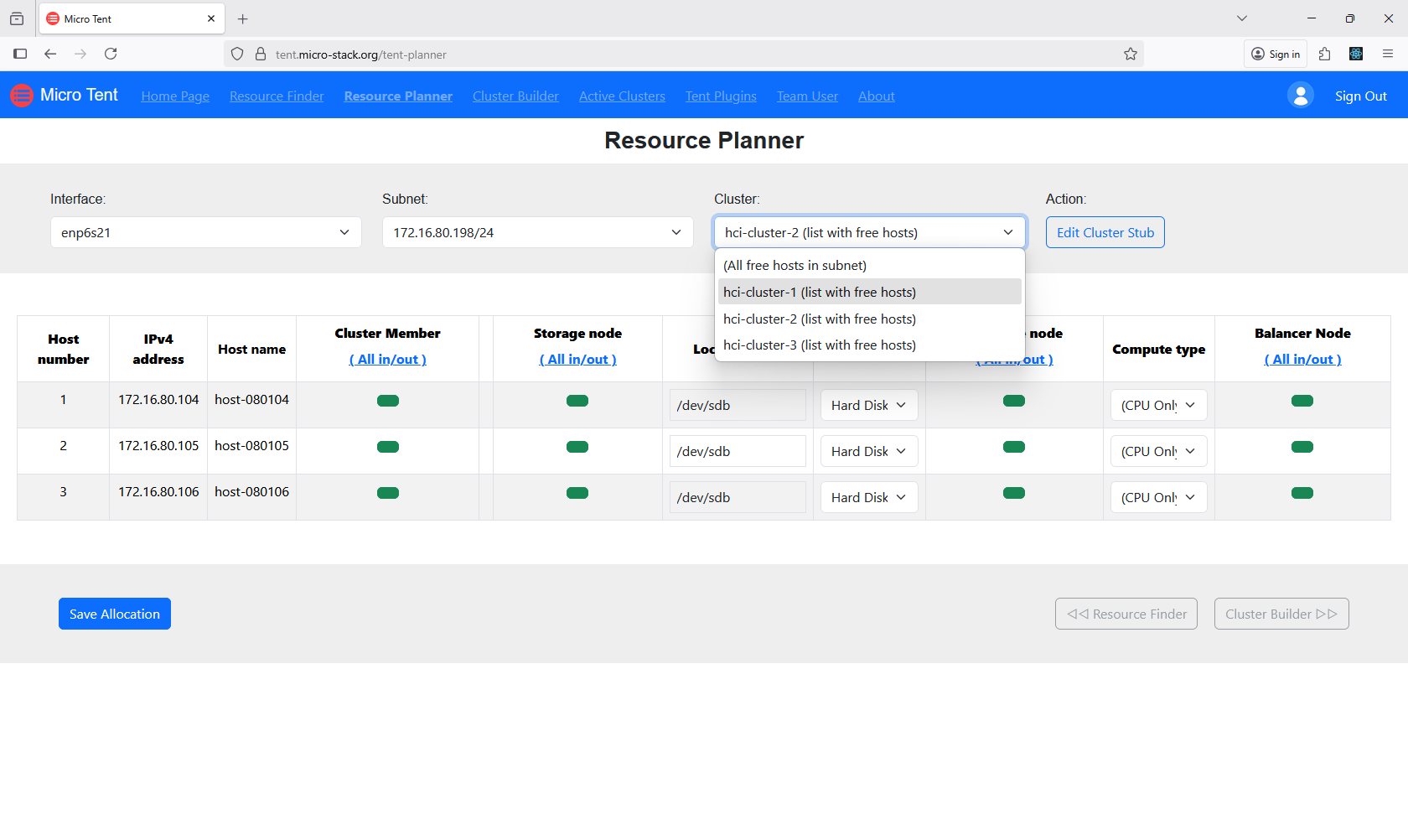 screenshot of resource planner page