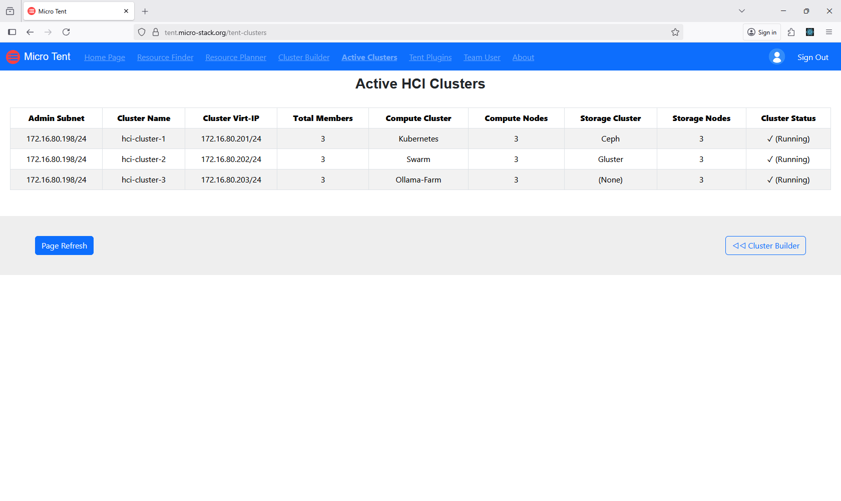 screenshot of active clusters