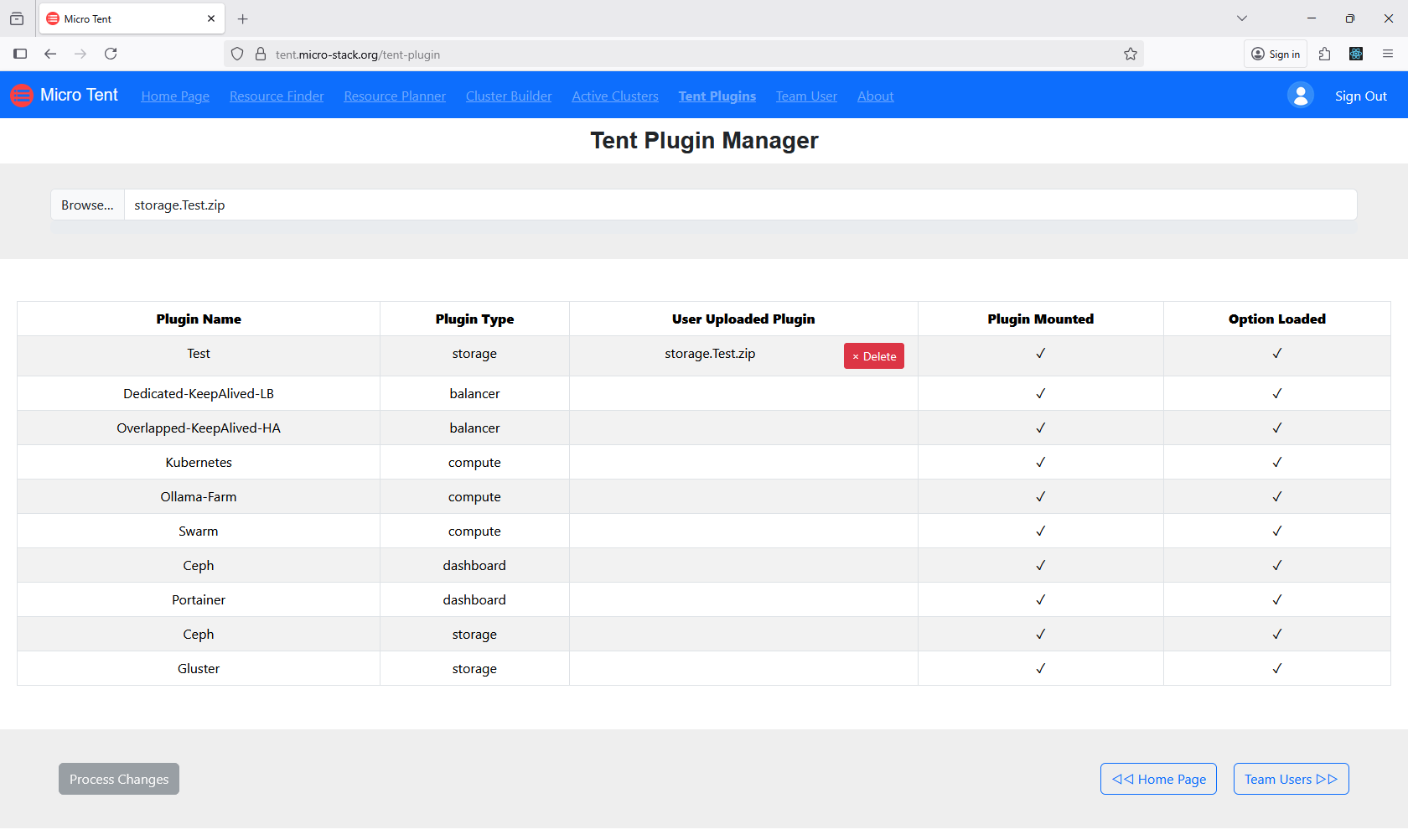 screenshot of tent plugin management page